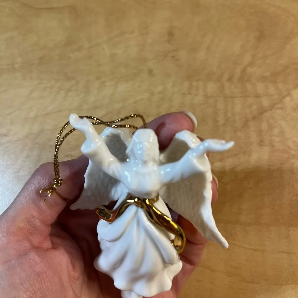 2 Ceramic White Gold Christmas Angel Ornaments